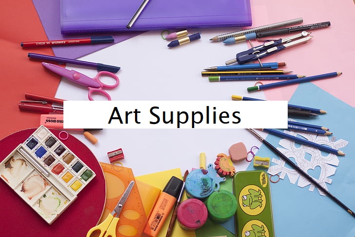 Stationery collection includes art supplies like colors, paint brushes, scissors, and more.