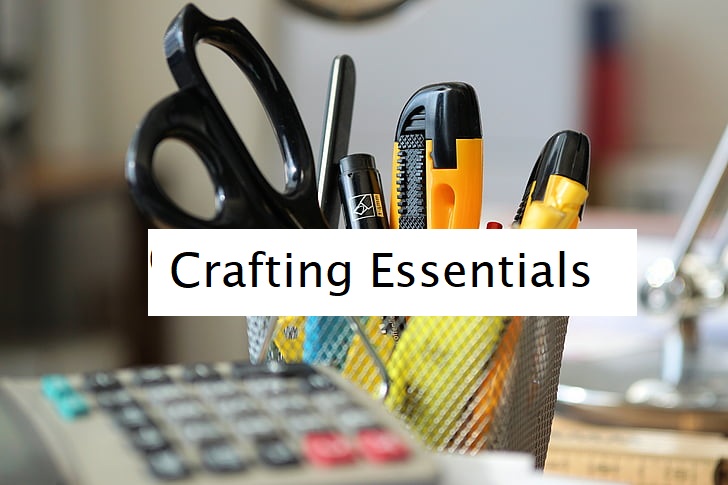Stationery collection includes crafting materials like scissors, highlighter, pens, and more.